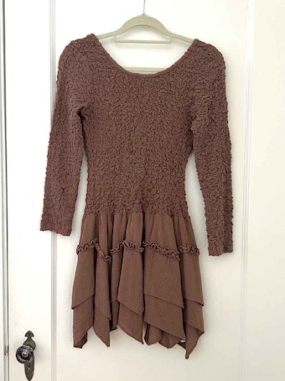 Free People Deep U-Back Fitted Smocked Taupe Dress, Sz XS Like New